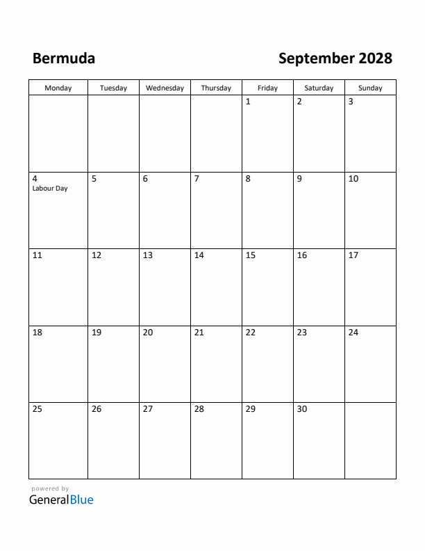 September 2028 Calendar with Bermuda Holidays