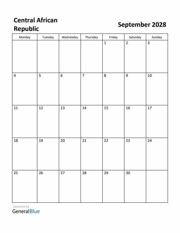 September 2028 Calendar with Central African Republic Holidays