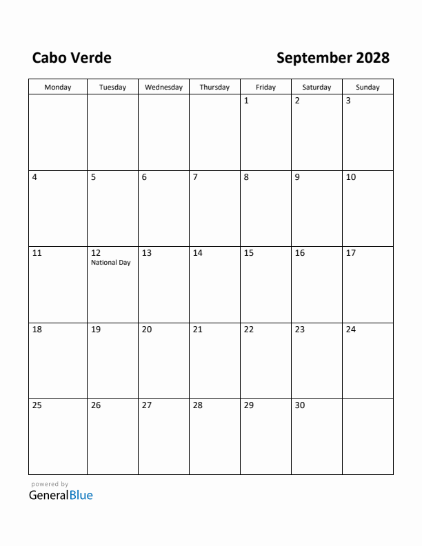 September 2028 Calendar with Cabo Verde Holidays