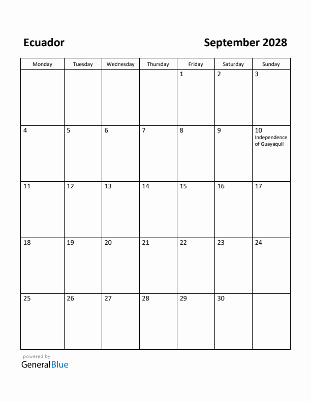 September 2028 Calendar with Ecuador Holidays