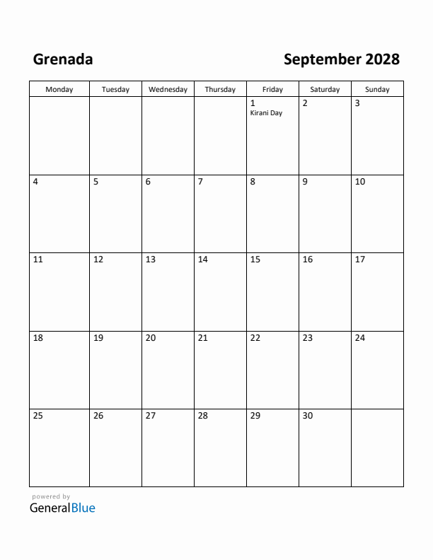 September 2028 Calendar with Grenada Holidays