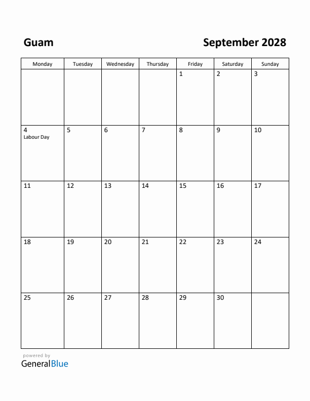 September 2028 Calendar with Guam Holidays