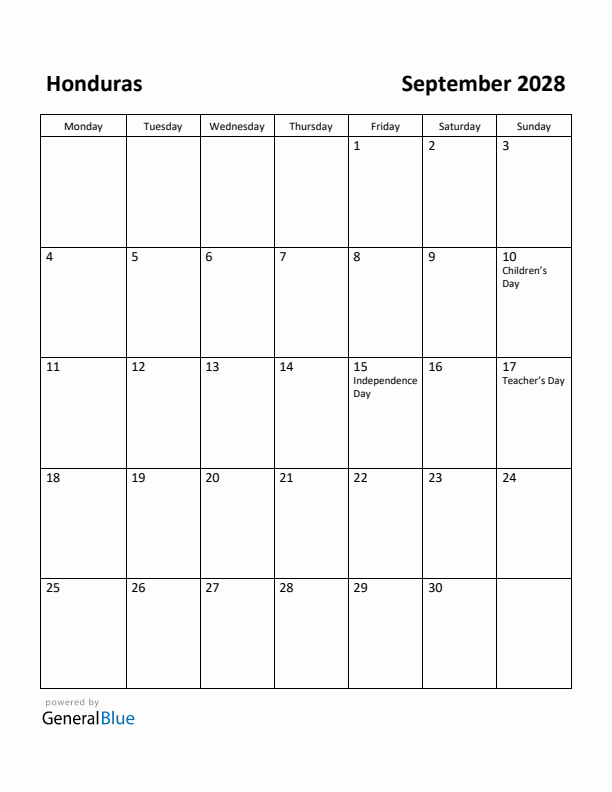 September 2028 Calendar with Honduras Holidays