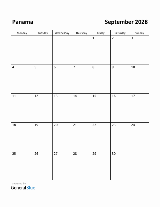 September 2028 Calendar with Panama Holidays