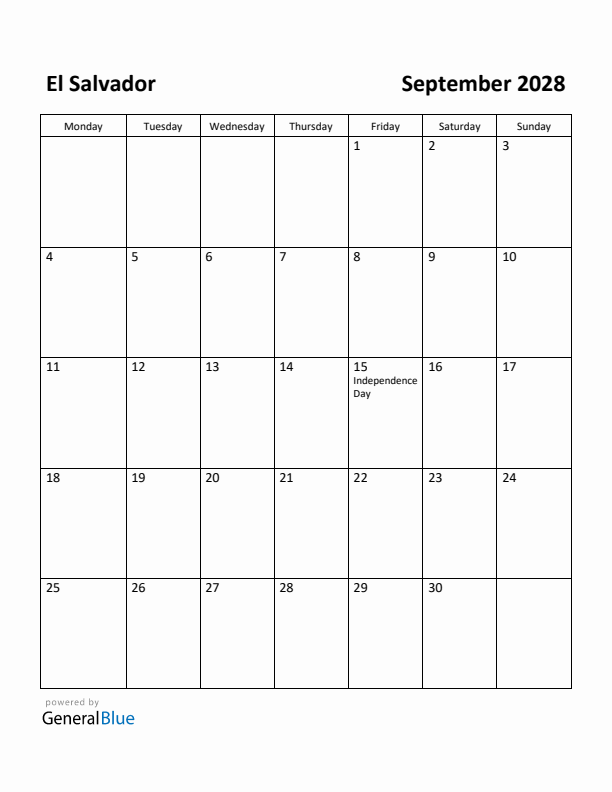September 2028 Calendar with El Salvador Holidays
