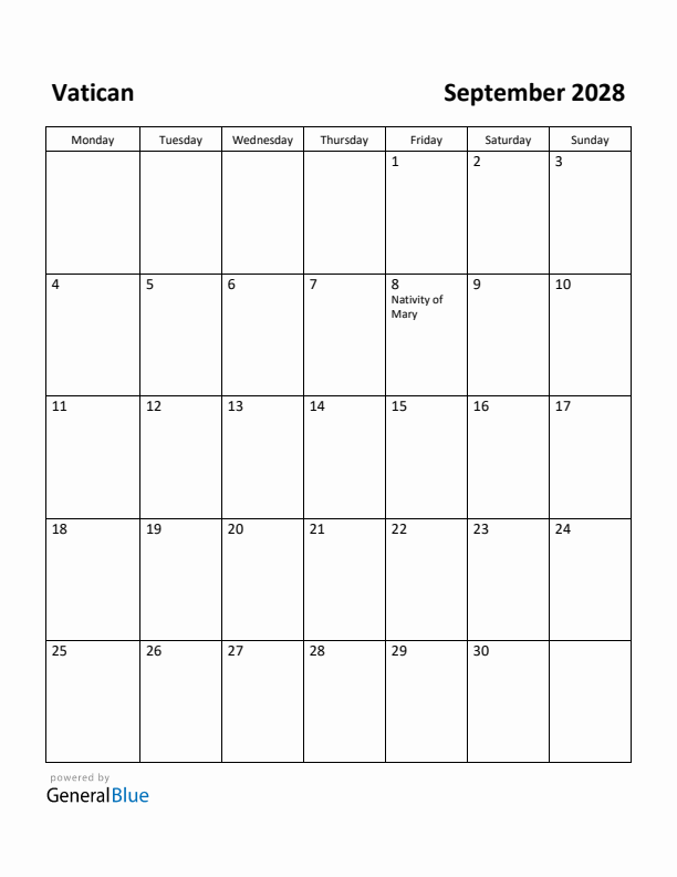 September 2028 Calendar with Vatican Holidays