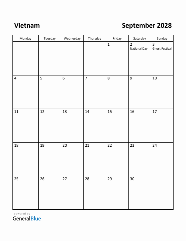 September 2028 Calendar with Vietnam Holidays