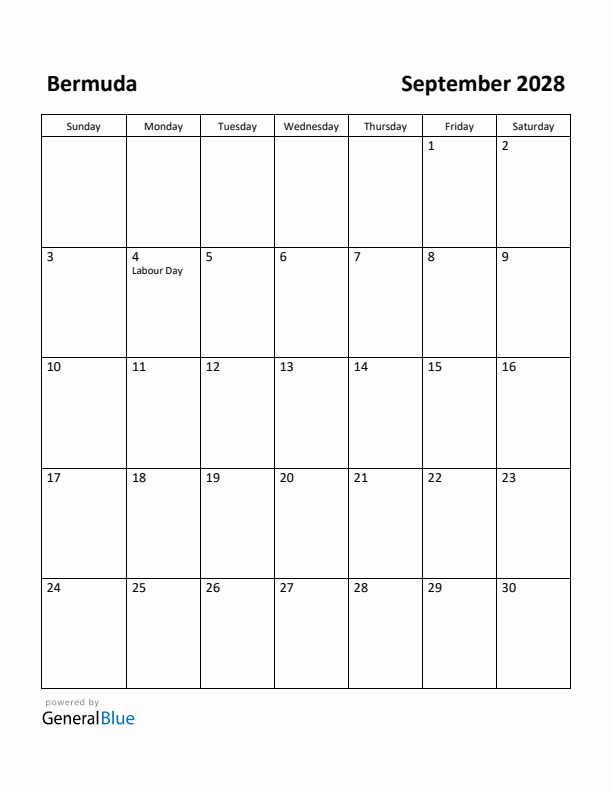 September 2028 Calendar with Bermuda Holidays