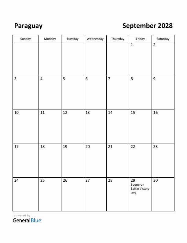September 2028 Calendar with Paraguay Holidays