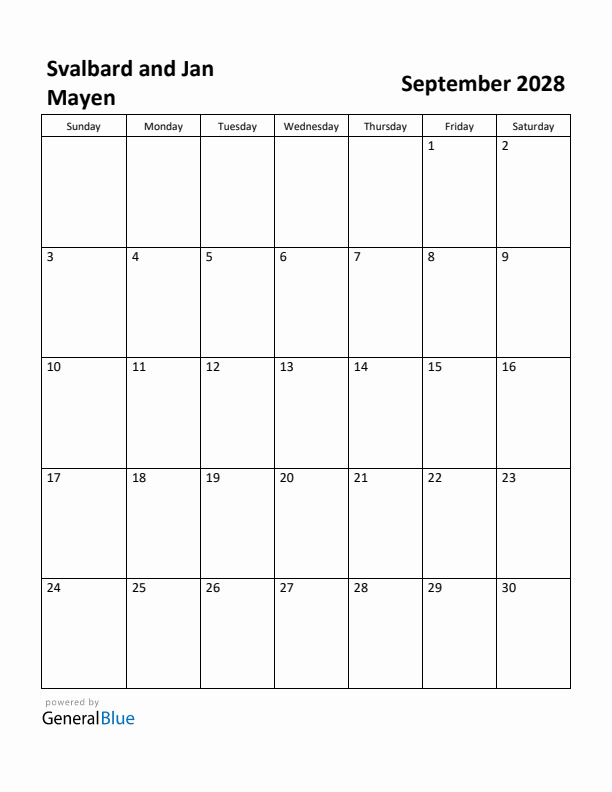 September 2028 Calendar with Svalbard and Jan Mayen Holidays