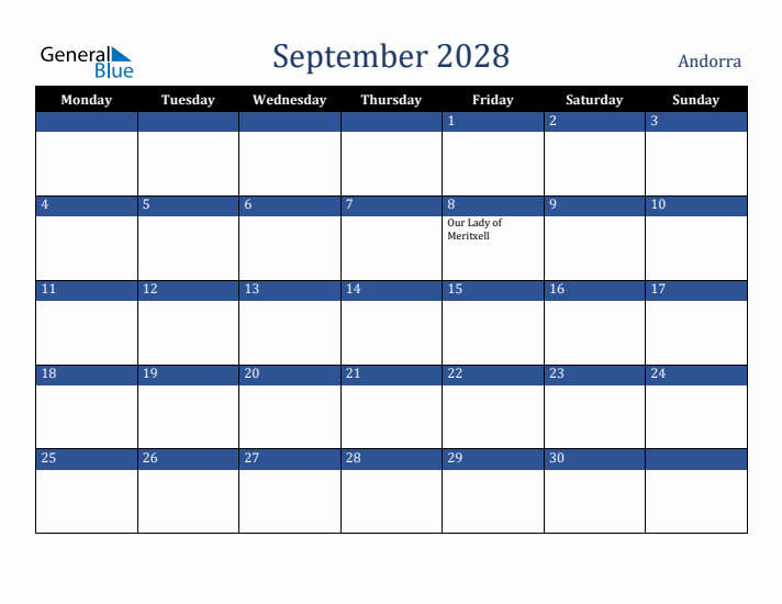 September 2028 Andorra Calendar (Monday Start)