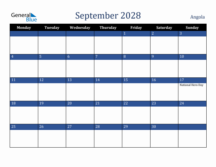 September 2028 Angola Calendar (Monday Start)