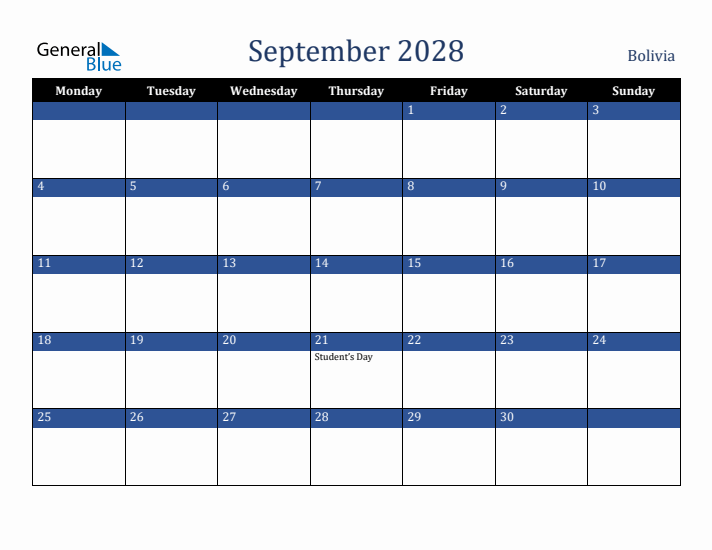 September 2028 Bolivia Calendar (Monday Start)