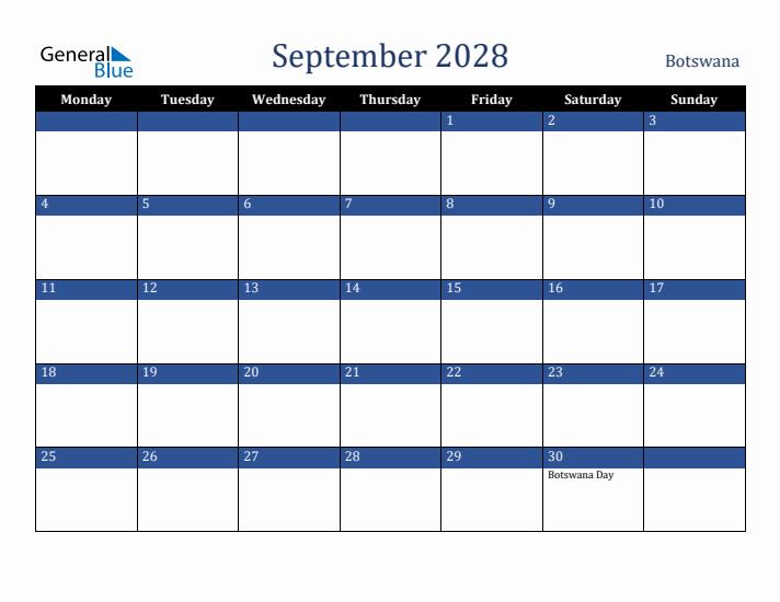 September 2028 Botswana Calendar (Monday Start)