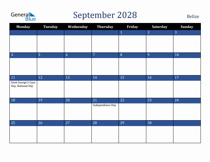 September 2028 Belize Calendar (Monday Start)