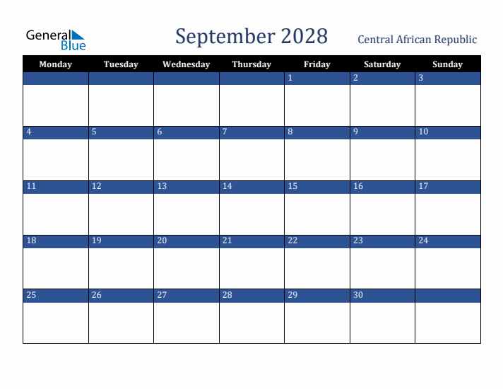 September 2028 Central African Republic Calendar (Monday Start)