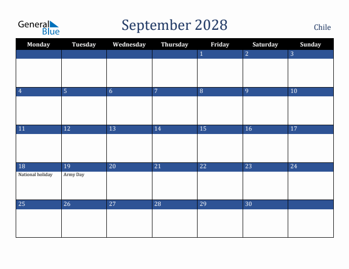 September 2028 Chile Calendar (Monday Start)