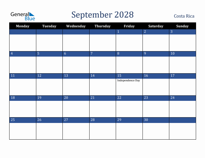 September 2028 Costa Rica Calendar (Monday Start)