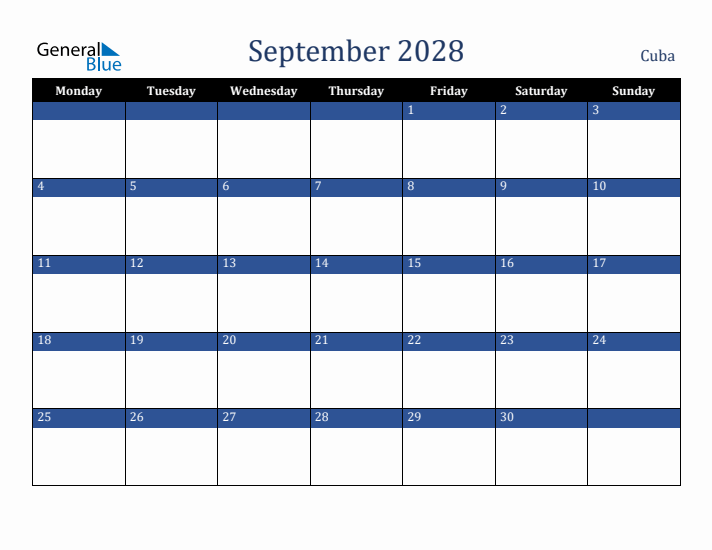 September 2028 Cuba Calendar (Monday Start)