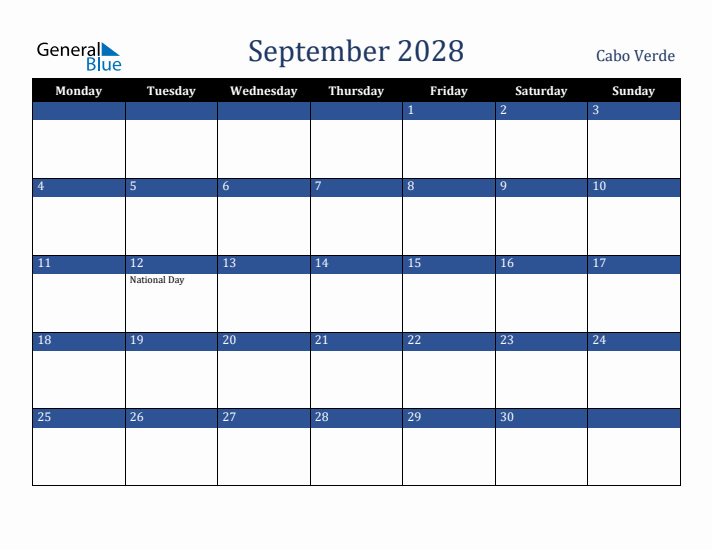 September 2028 Cabo Verde Calendar (Monday Start)