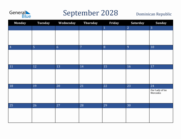 September 2028 Dominican Republic Calendar (Monday Start)