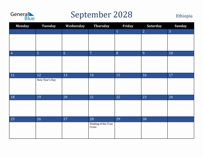 September 2028 Ethiopia Calendar (Monday Start)