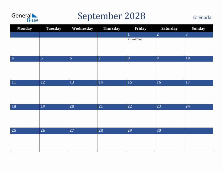 September 2028 Grenada Calendar (Monday Start)