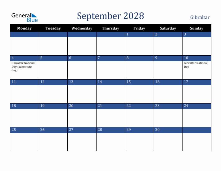 September 2028 Gibraltar Calendar (Monday Start)