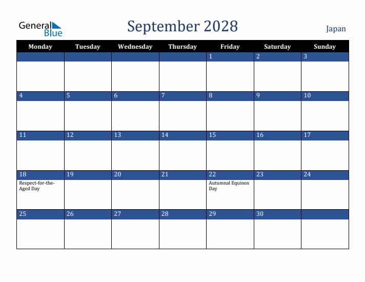September 2028 Japan Calendar (Monday Start)