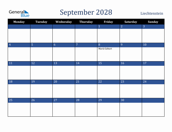 September 2028 Liechtenstein Calendar (Monday Start)