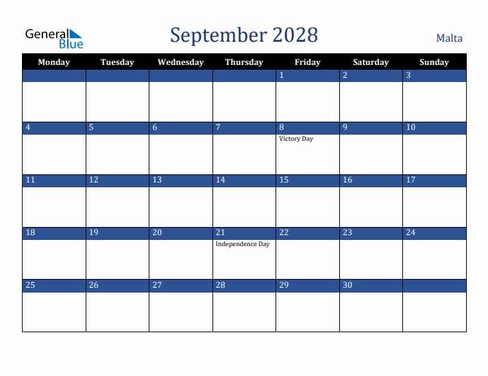 September 2028 Malta Calendar (Monday Start)