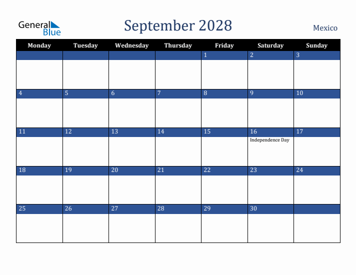 September 2028 Mexico Calendar (Monday Start)