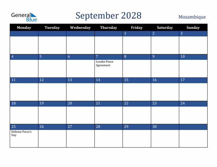 September 2028 Mozambique Calendar (Monday Start)