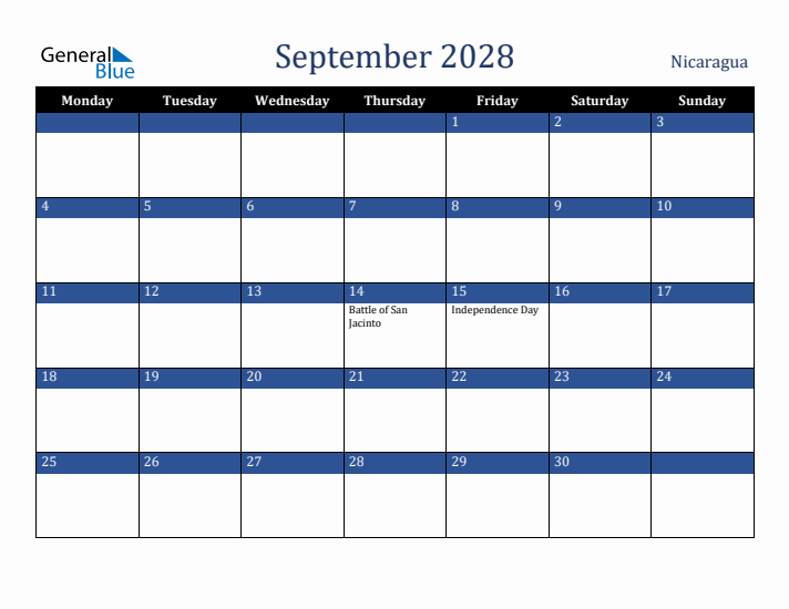 September 2028 Nicaragua Calendar (Monday Start)