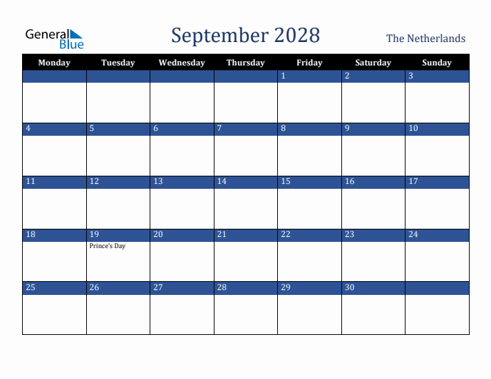 September 2028 The Netherlands Calendar (Monday Start)