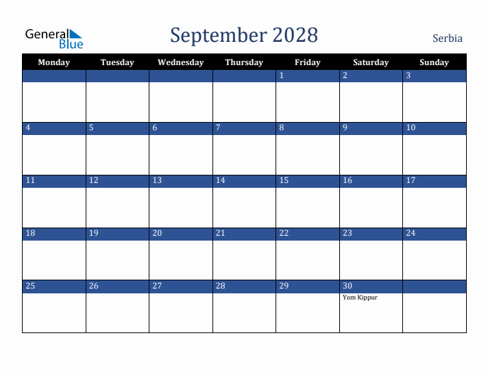 September 2028 Serbia Calendar (Monday Start)
