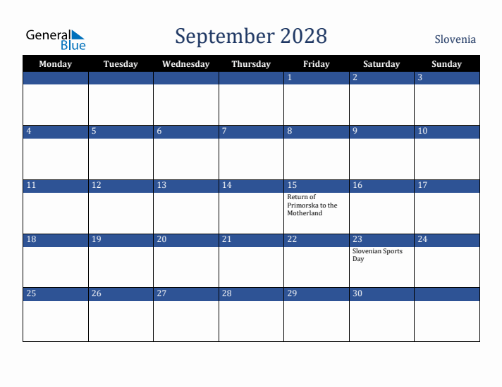 September 2028 Slovenia Calendar (Monday Start)
