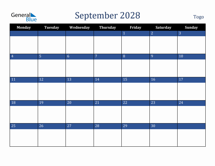 September 2028 Togo Calendar (Monday Start)