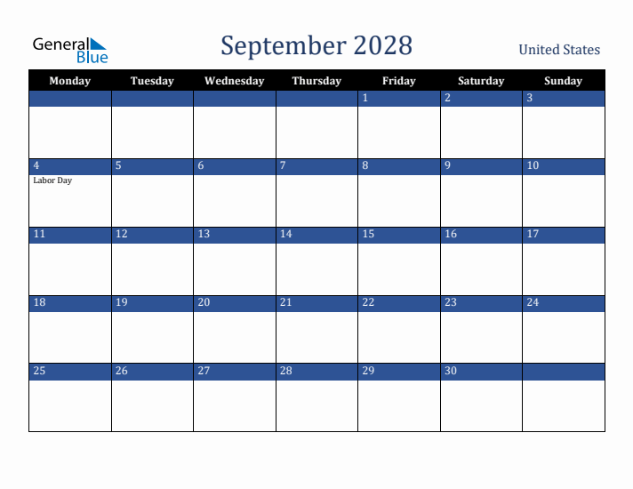September 2028 United States Calendar (Monday Start)