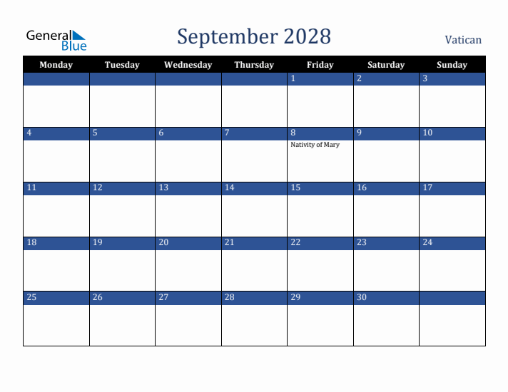 September 2028 Vatican Calendar (Monday Start)