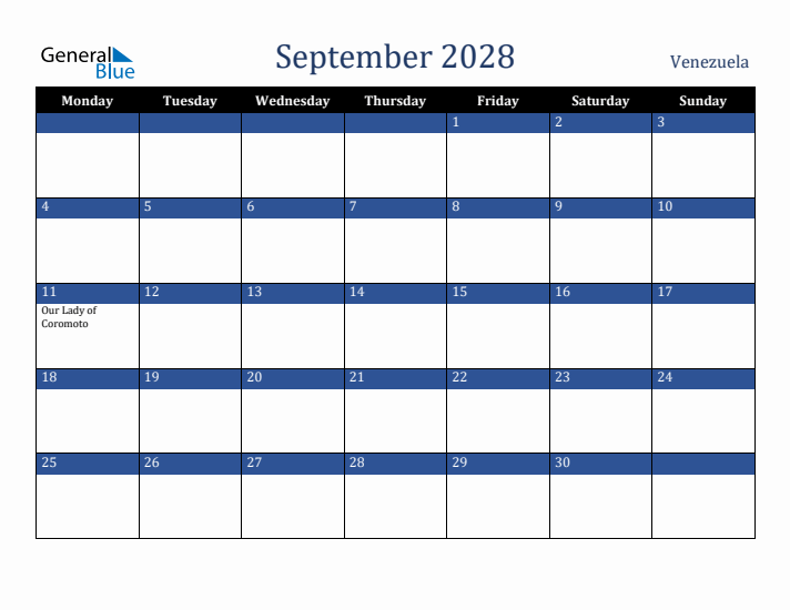 September 2028 Venezuela Calendar (Monday Start)