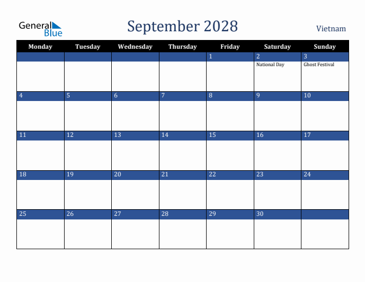 September 2028 Vietnam Calendar (Monday Start)