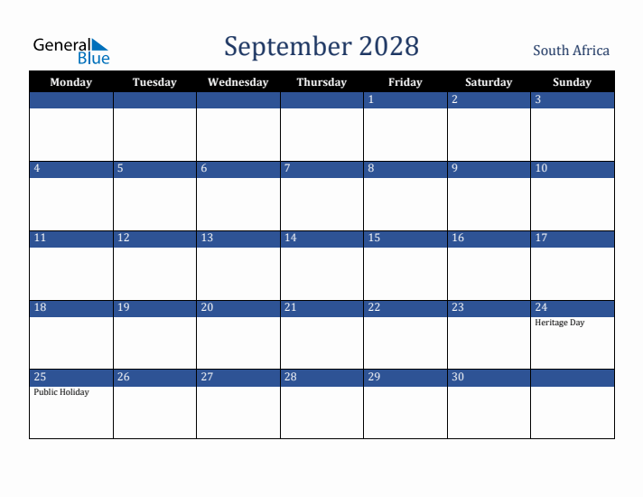 September 2028 South Africa Calendar (Monday Start)