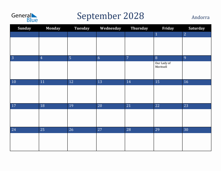 September 2028 Andorra Calendar (Sunday Start)