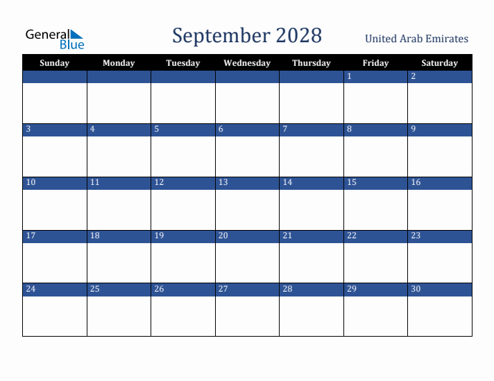 September 2028 United Arab Emirates Calendar (Sunday Start)