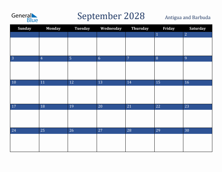 September 2028 Antigua and Barbuda Calendar (Sunday Start)