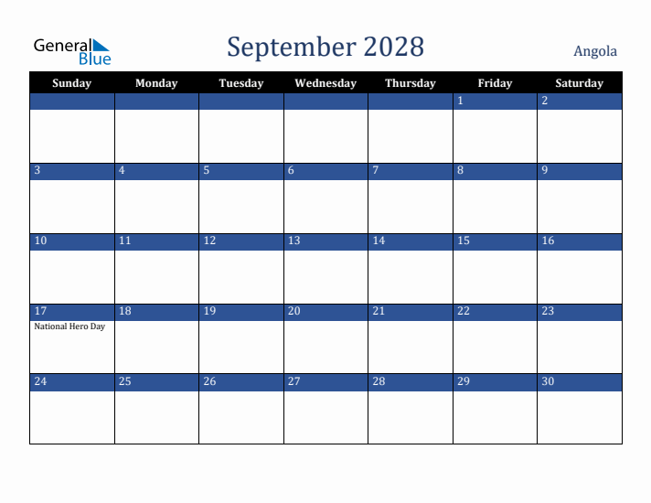 September 2028 Angola Calendar (Sunday Start)