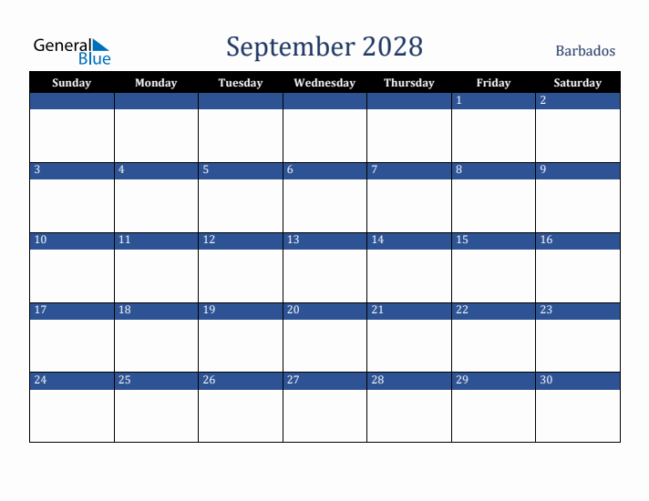 September 2028 Barbados Calendar (Sunday Start)