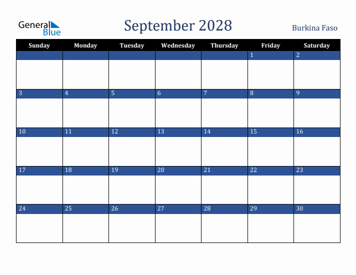 September 2028 Burkina Faso Calendar (Sunday Start)