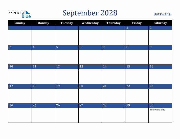September 2028 Botswana Calendar (Sunday Start)